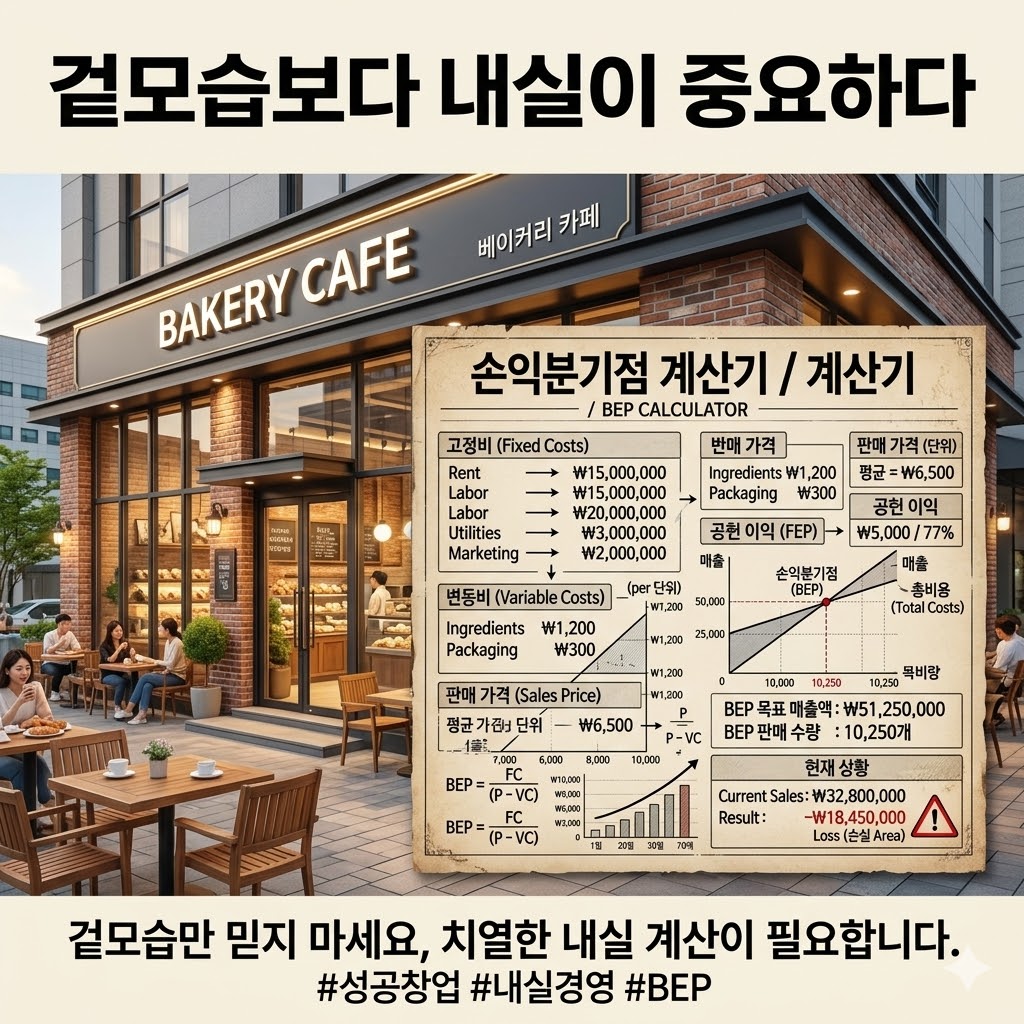 세련된 대형 베이커리 카페의 외경 사진과 그 위에 겹쳐진 '복잡한 손익분기점(BEP) 계산기' 이미지.