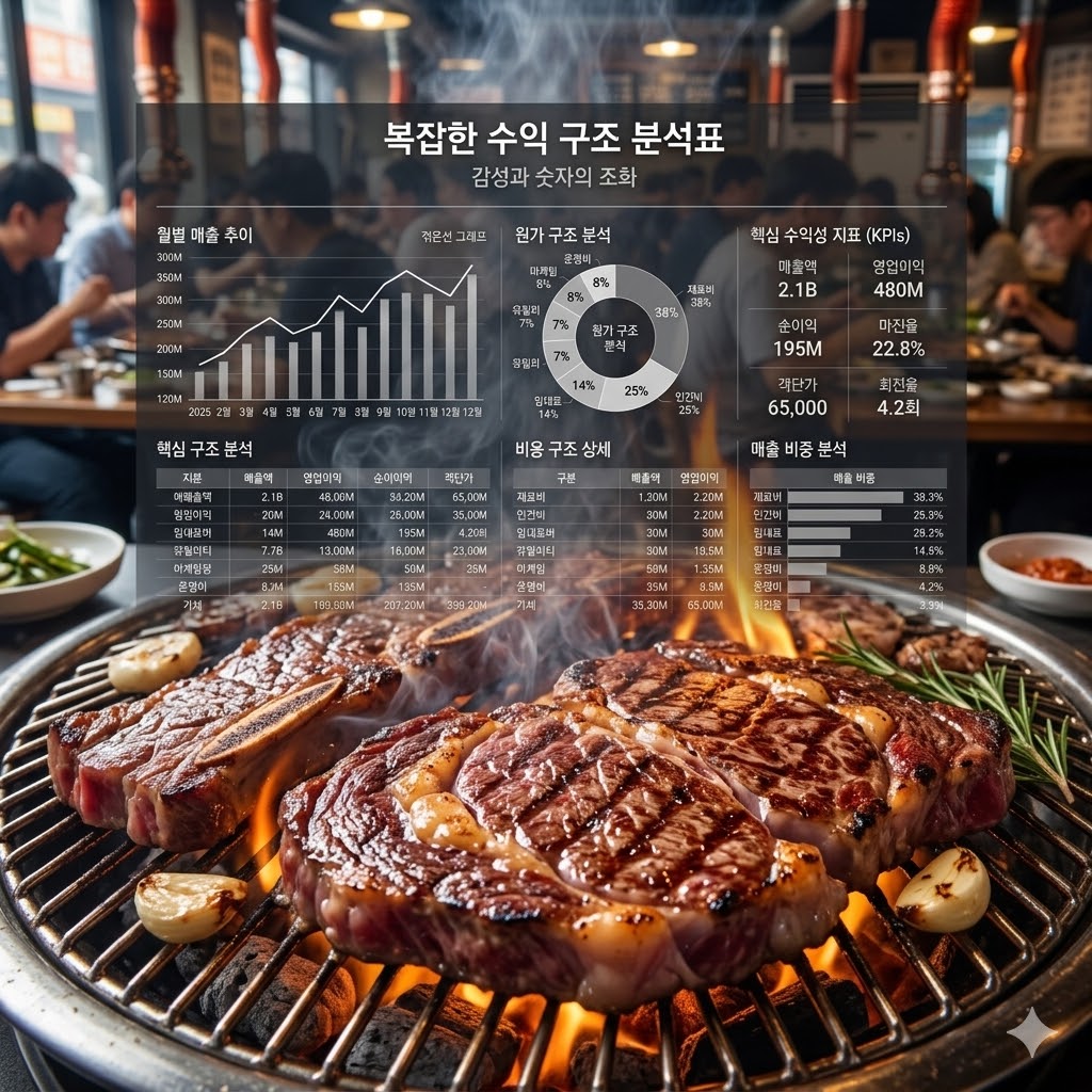 강렬한 불판 위의 고기 클로즈업과 그 뒤로 희미하게 보이는 '복잡한 수익 구조 분석표'의 오버레이.