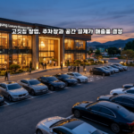 광활한 주차장을 갖춘 현대적이고 고급스러운 대형 고깃집의 전경.