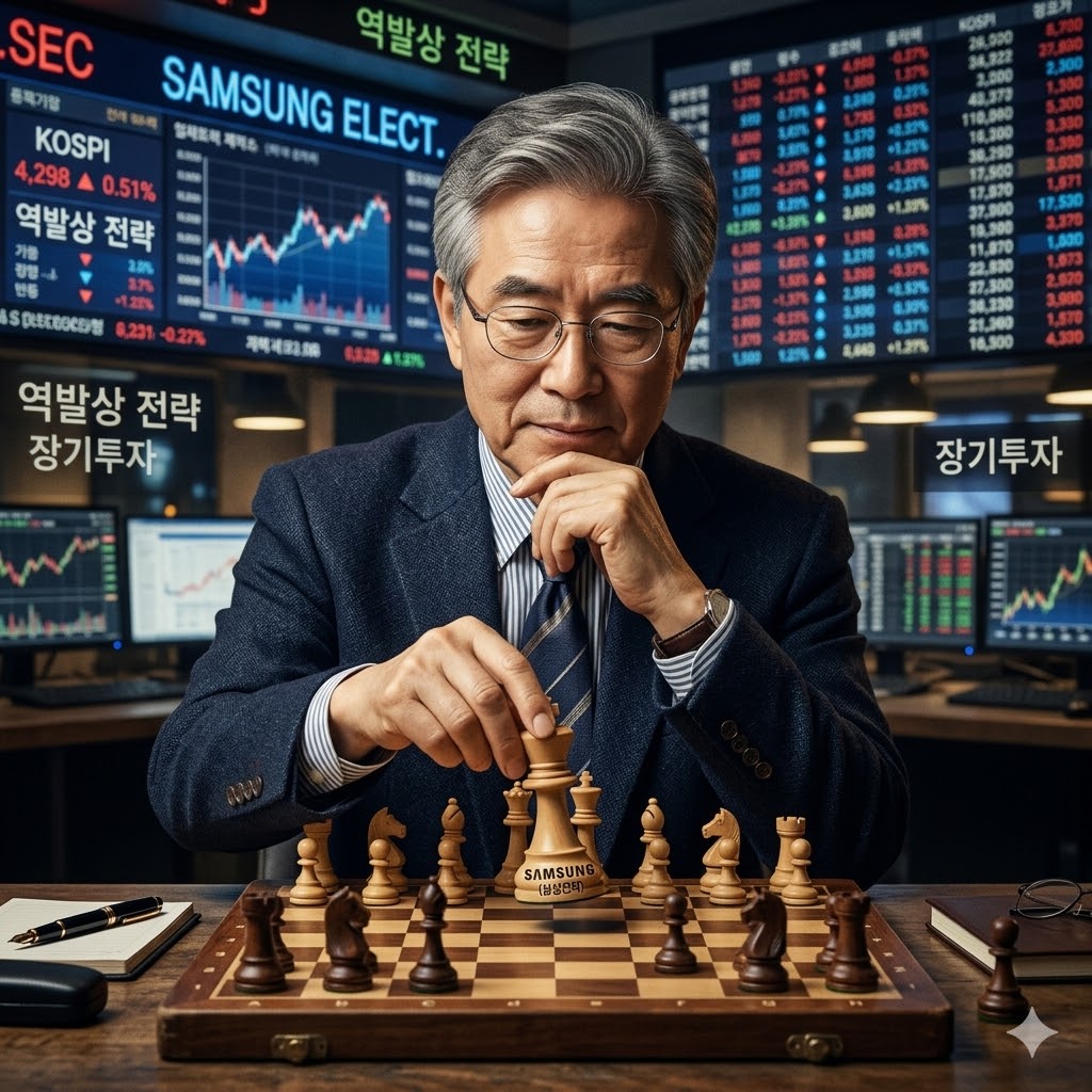 복잡하게 쏟아지는 주식 시장 데이터와 차트를 배경으로, 안경을 쓴 차분한 인상의 노신사(1Pro 페르소나)가 체스판 위에서 삼성전자 로고가 새겨진 킹 기물을 움직이며 역발상 투자 전략을 구상하는 모습.