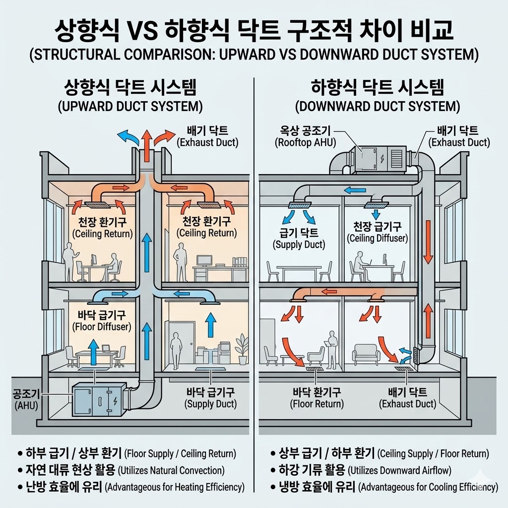 고깃집 창업, 상향식과 하향식 닥트의 구조적 차이를 한눈에 보여주는 컨셉 설계도 이미지.