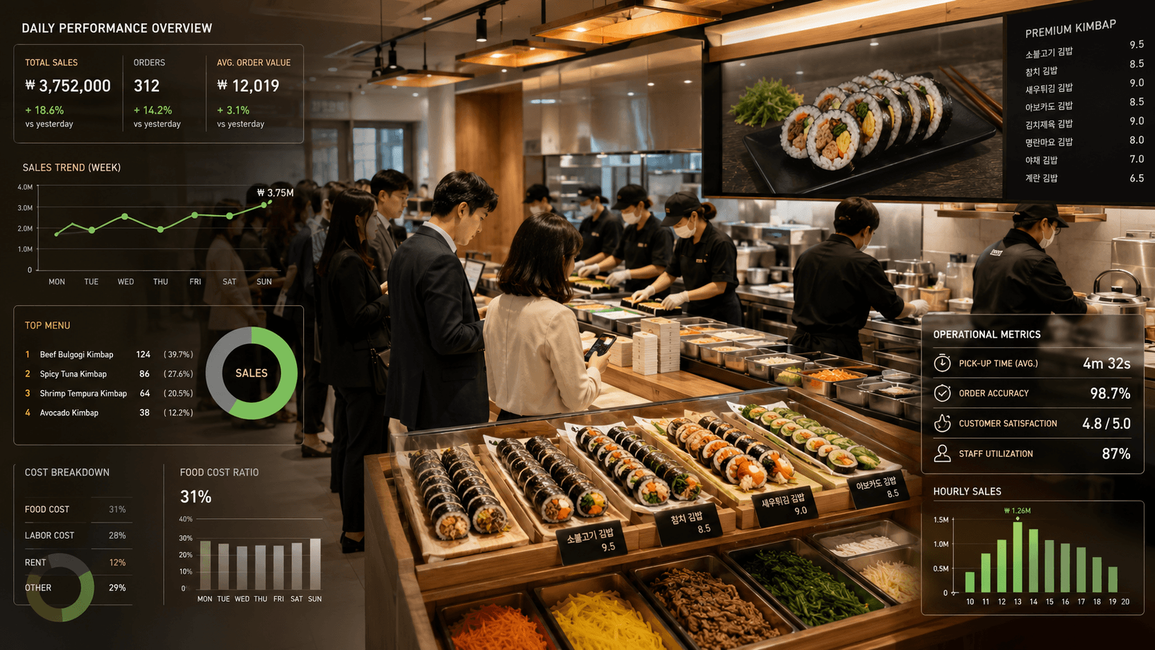 김밥 창업 점심시간 포장 고객과 회전율 중심 운영 모습