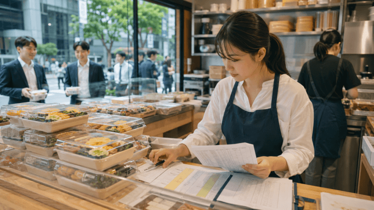 직장인 도시락 창업자가 평일 단체 주문과 정기 도시락 매출을 준비하는 모습