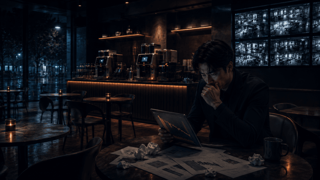 매출 감소와 운영 문제를 분석하는 무인카페 창업자의 모습