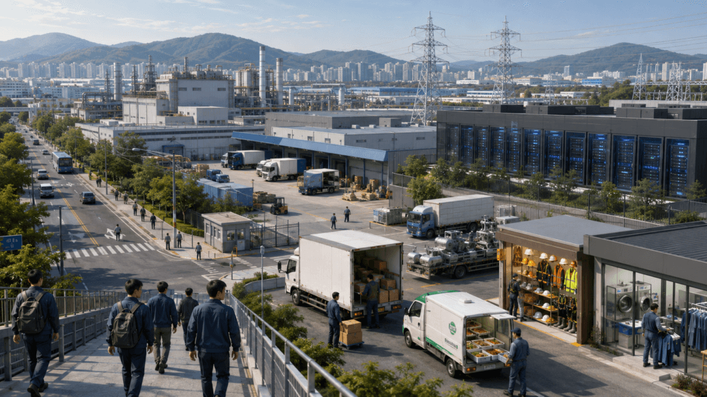 산업단지 주변에서 도시락 안전용품 물류 작업복 세탁 B2B 창업 아이템이 형성되는 모습