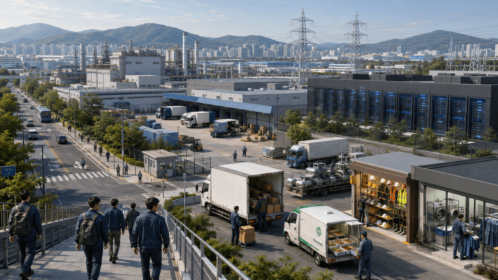 산업단지 주변에서 도시락 안전용품 물류 작업복 세탁 B2B 창업 아이템이 형성되는 모습